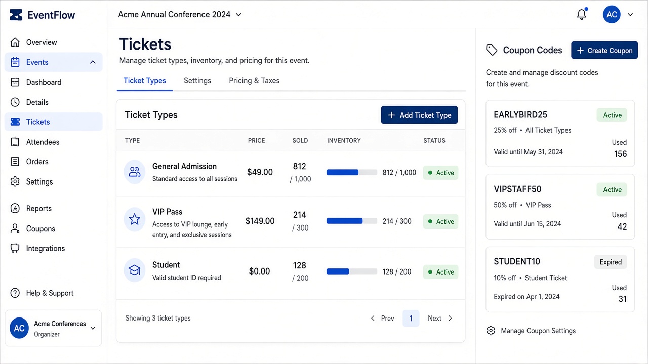 Cue OS ticket types and inventory